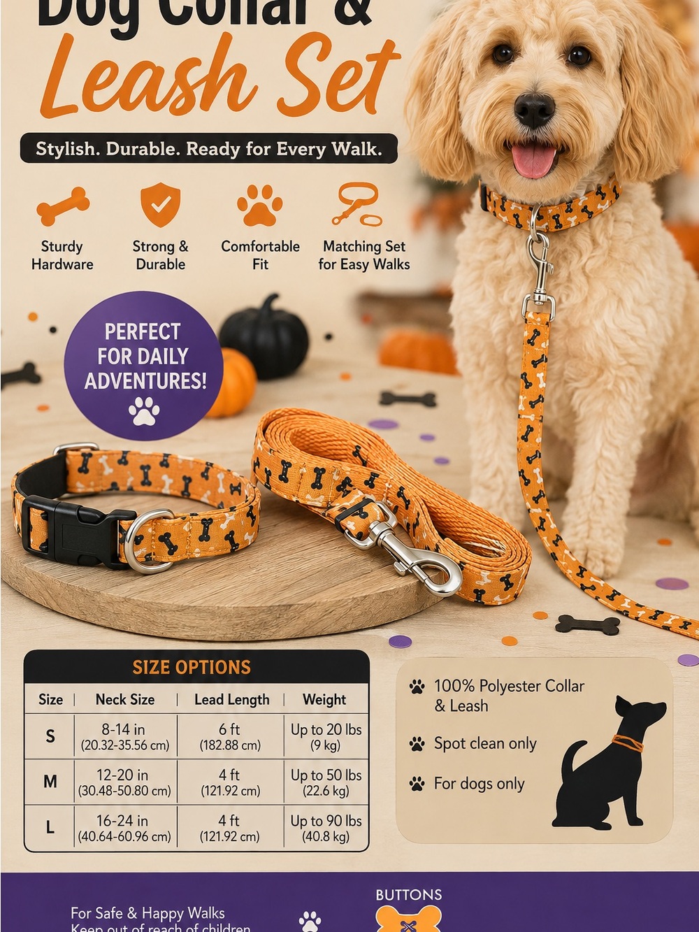 Celebrate It Orange Dog Collar and Leash Set with Bone Pattern